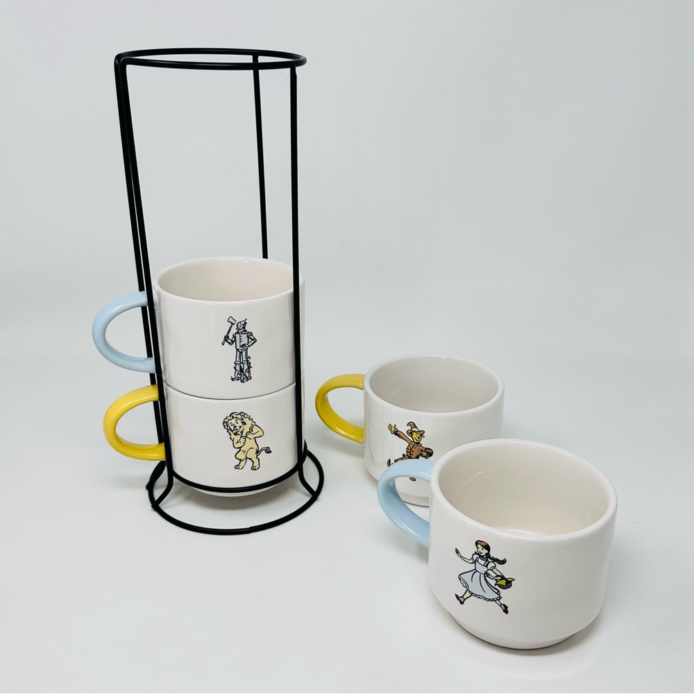 Rae Dunn Wizard of Oz Stackable Mug Set with Iron Rack White Black Ceramic - Picture 3 of 11